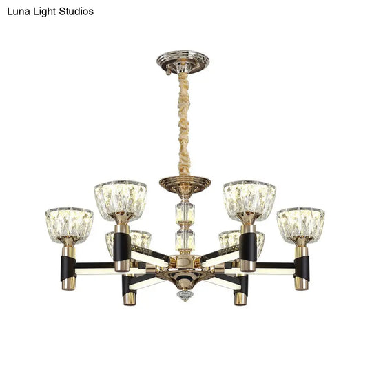 Black And Gold Rectangle Crystal Led Chandelier With 6/8 Bowl-Shaped Suspension Lights