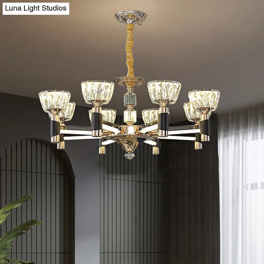 Black And Gold Rectangle Crystal Led Chandelier With 6/8 Bowl-Shaped Suspension Lights