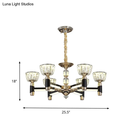 Black And Gold Rectangle Crystal Led Chandelier With 6/8 Bowl-Shaped Suspension Lights