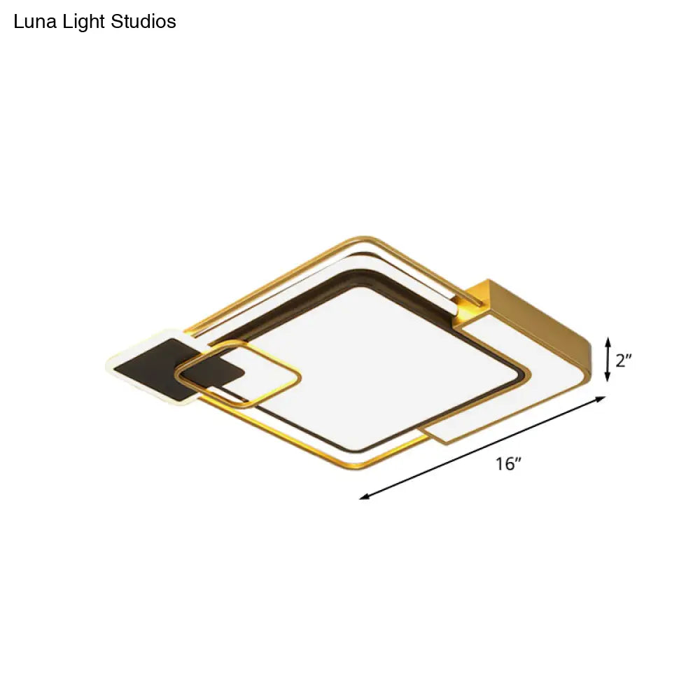 Modern Black And Gold Led Flushmount Lighting Squared Metallic Design 16/19.5 Wide