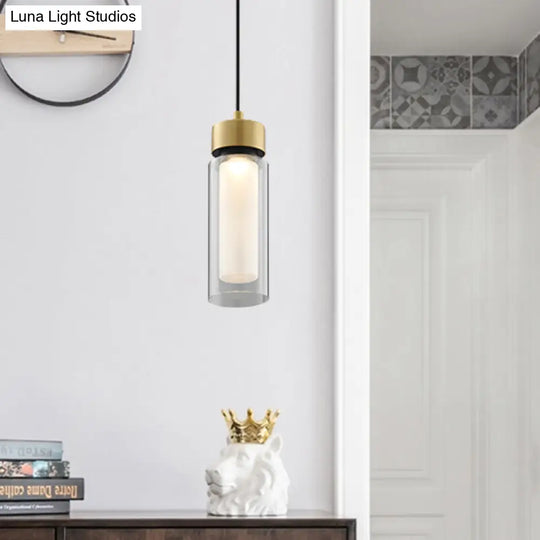 Sleek Simplicity: 1-Light Black & Gold Cylindrical Led Mini Pendant With Clear Glass Shade