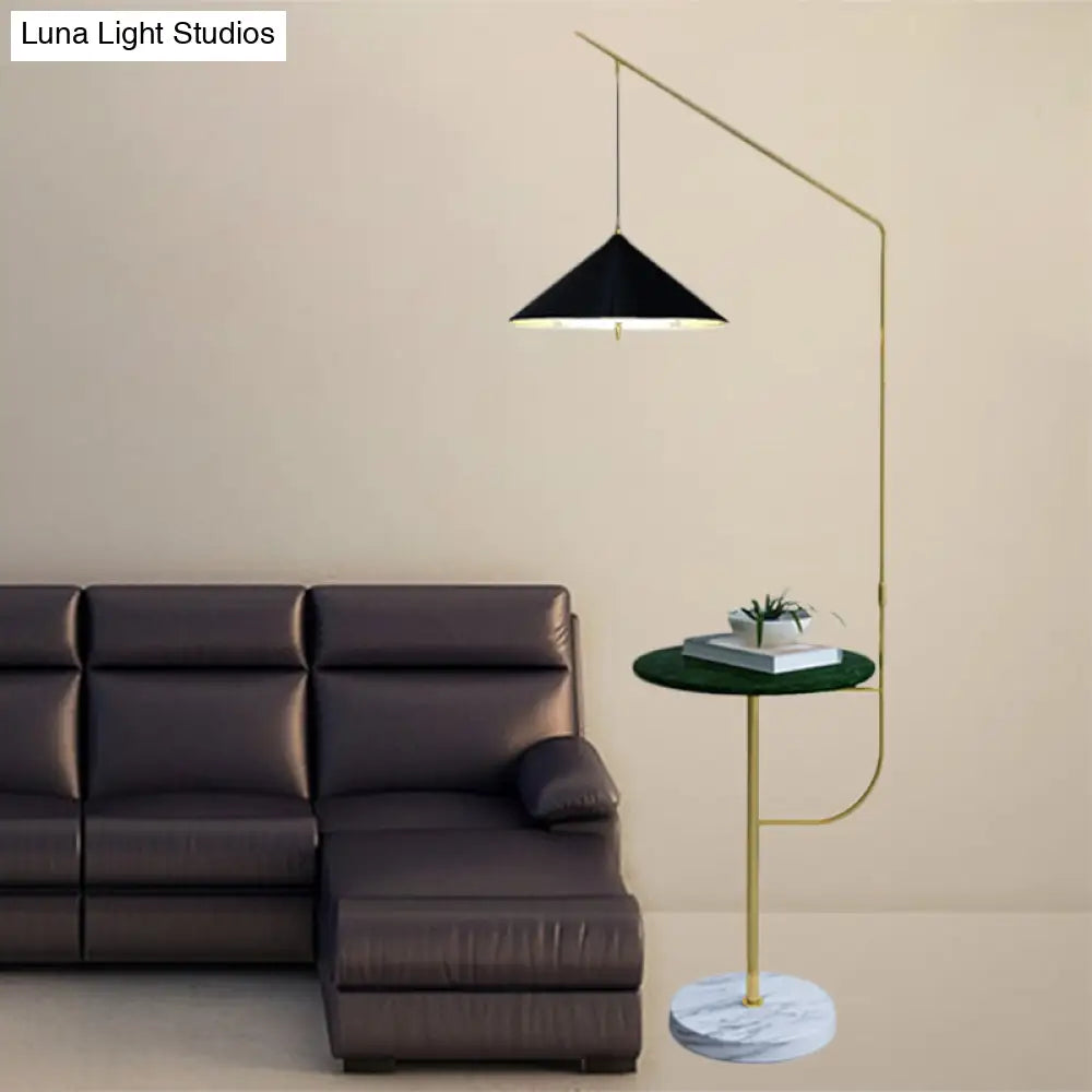 Modern Black And Gold Metallic Conic Shade Floor Lamp With Shelf