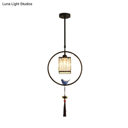 Modern Black/Gold Prismatic Crystal Pendant Light With Elegant Hoop And Tassel Design