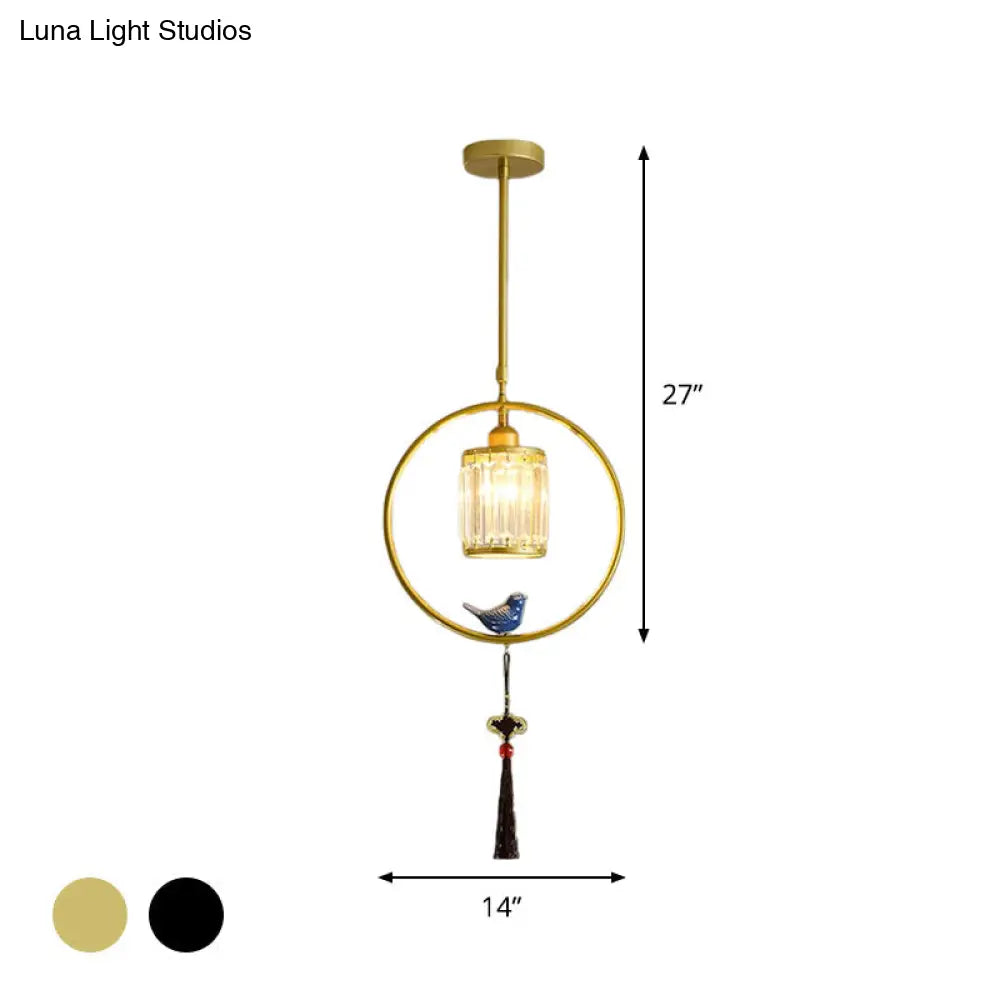 Modern Black/Gold Prismatic Crystal Pendant Light With Elegant Hoop And Tassel Design