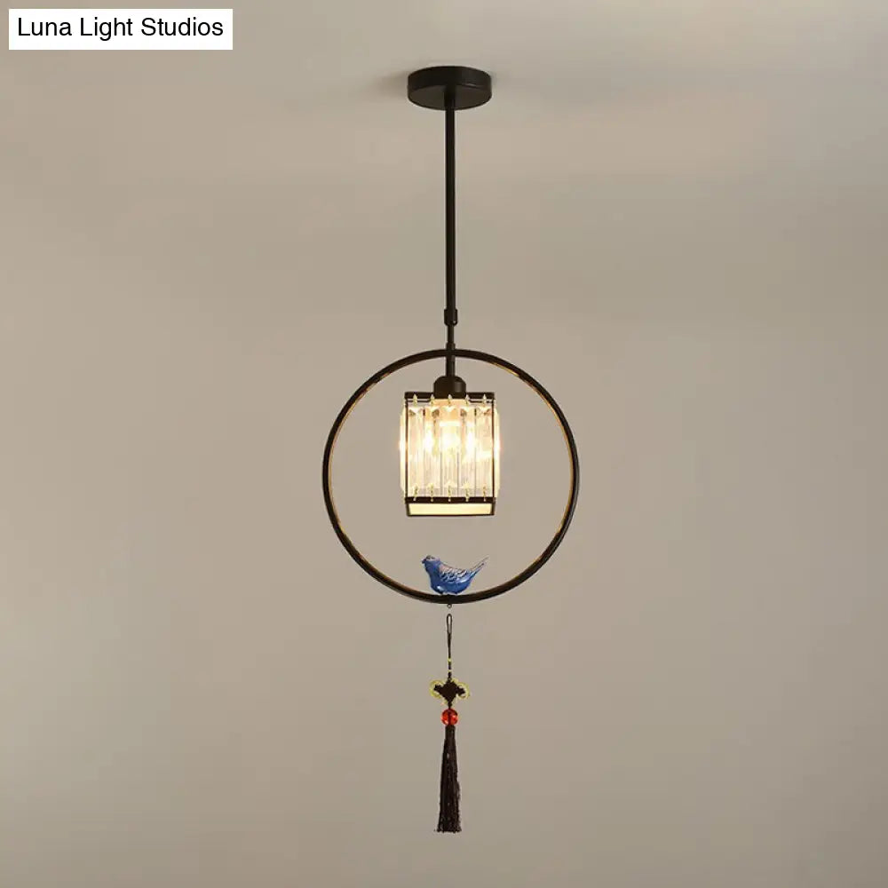 Modern Black/Gold Prismatic Crystal Pendant Light With Elegant Hoop And Tassel Design