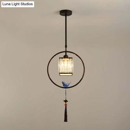 Modern Black/Gold Prismatic Crystal Pendant Light With Elegant Hoop And Tassel Design