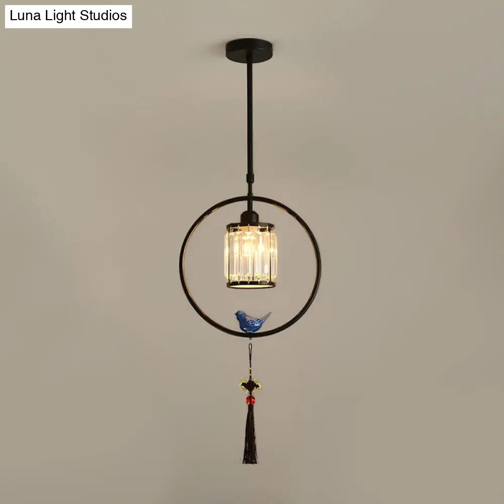 Modern Black/Gold Prismatic Crystal Pendant Light With Elegant Hoop And Tassel Design