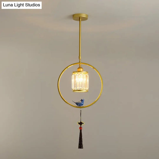 Modern Black/Gold Prismatic Crystal Pendant Light With Elegant Hoop And Tassel Design