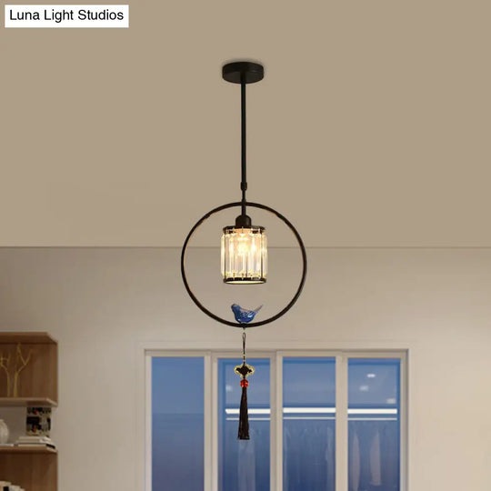 Modern Black/Gold Prismatic Crystal Pendant Light With Elegant Hoop And Tassel Design