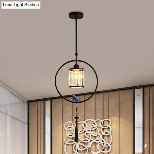 Modern Black/Gold Prismatic Crystal Pendant Light With Elegant Hoop And Tassel Design Black / Round