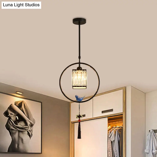 Modern Black/Gold Prismatic Crystal Pendant Light With Elegant Hoop And Tassel Design