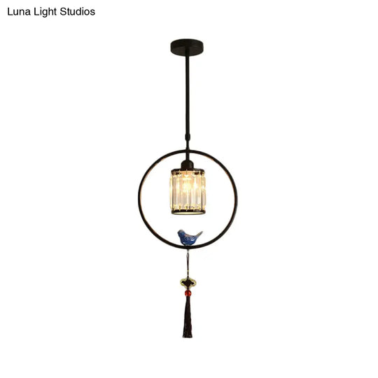 Modern Black/Gold Prismatic Crystal Pendant Light With Elegant Hoop And Tassel Design