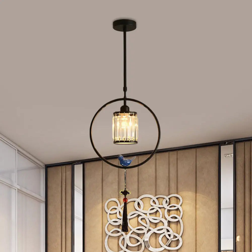 Modern Black And Gold Prismatic Crystal Pendant Light With Hanging Tassel / Round