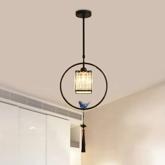 Modern Black And Gold Prismatic Crystal Pendant Light With Hanging Tassel / Square Plate