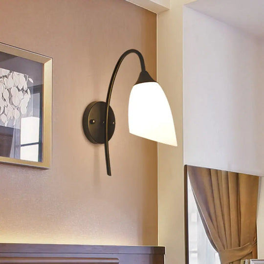 Modern Black And Gold Wall Mounted Light With Milky Glass Shade For Bedroom