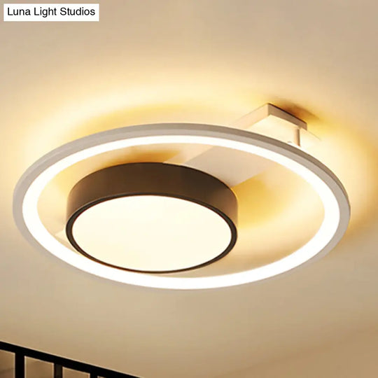 Modern Black And White Led Ceiling Light: Simple Drum Flush Lamp With Halo Ring 16/19.5 Wide / 16