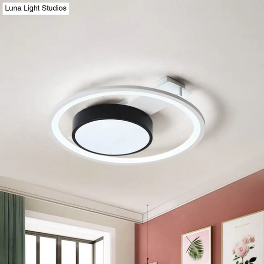Modern Black And White Led Ceiling Light: Simple Drum Flush Lamp With Halo Ring 16/19.5 Wide