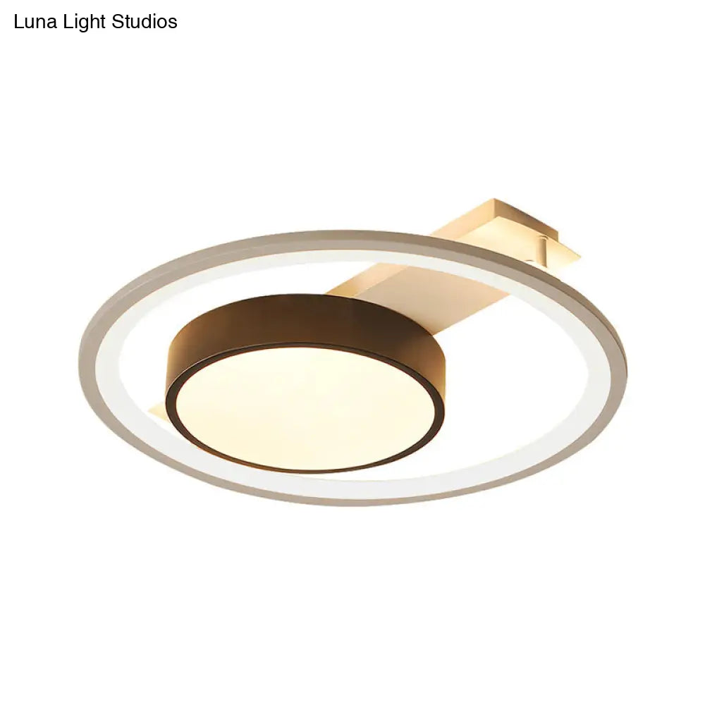 Modern Black And White Led Ceiling Light: Simple Drum Flush Lamp With Halo Ring 16/19.5 Wide