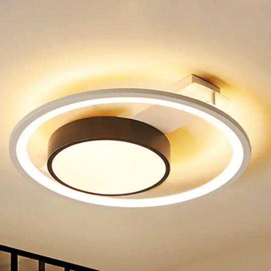 Modern Black And White Led Ceiling Light: Simple Drum Flush Lamp With Halo Ring 16’/19.5’ Wide / 16’