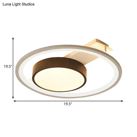 Modern Black And White Led Ceiling Light: Simple Drum Flush Lamp With Halo Ring 16’/19.5’ Wide