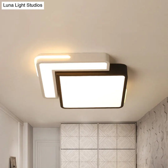 Modern Black And White Led Flush Light Fixture With Acrylic Shade - Square/Rectangle Ceiling In