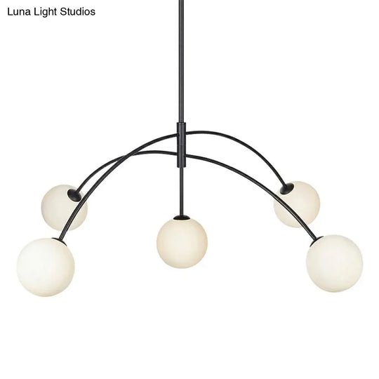 Modern Black Arc-Shaped Suspension Lamp With 5 Head Milky Ball Glass Chandelier - Dining Room