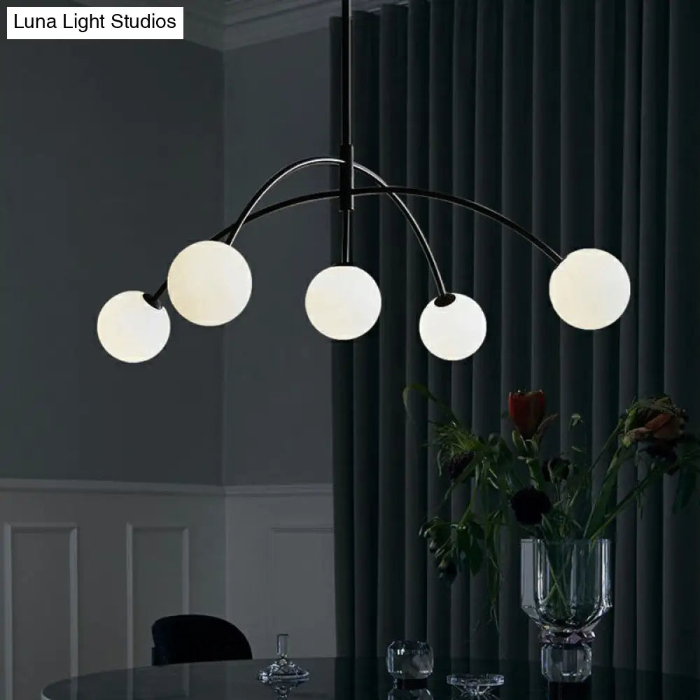 Modern Black Arc Shaped Suspension Lamp: 5-Head Glass Chandelier For Dining Room