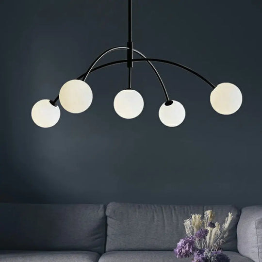 Modern Black Arc-Shaped Suspension Lamp With 5 Head Milky Ball Glass Chandelier - Dining Room