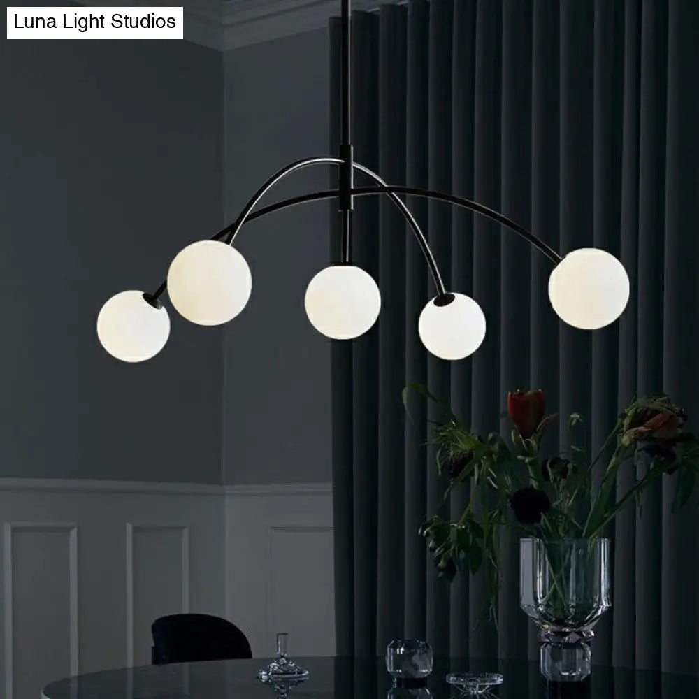 Modern Black Arc-Shaped Suspension Lamp With 5 Head Milky Ball Glass Chandelier - Dining Room