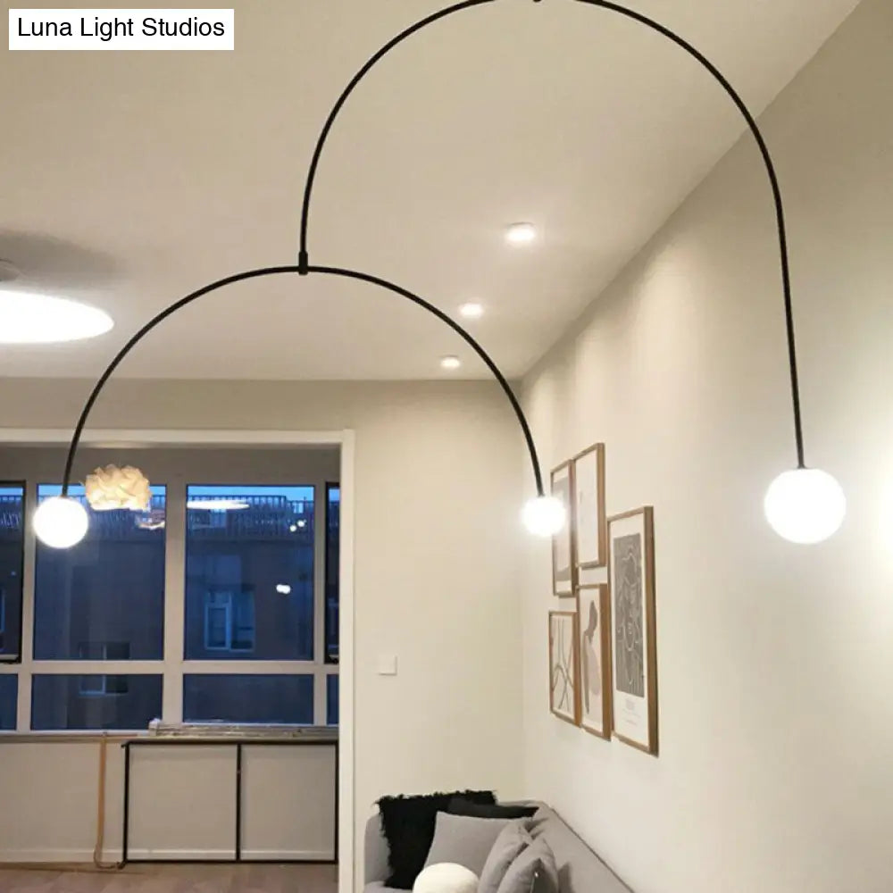 Modern Black Arched Pendant Lamp - Simplicity 3-Light Chandelier With Ball White Glass Shade