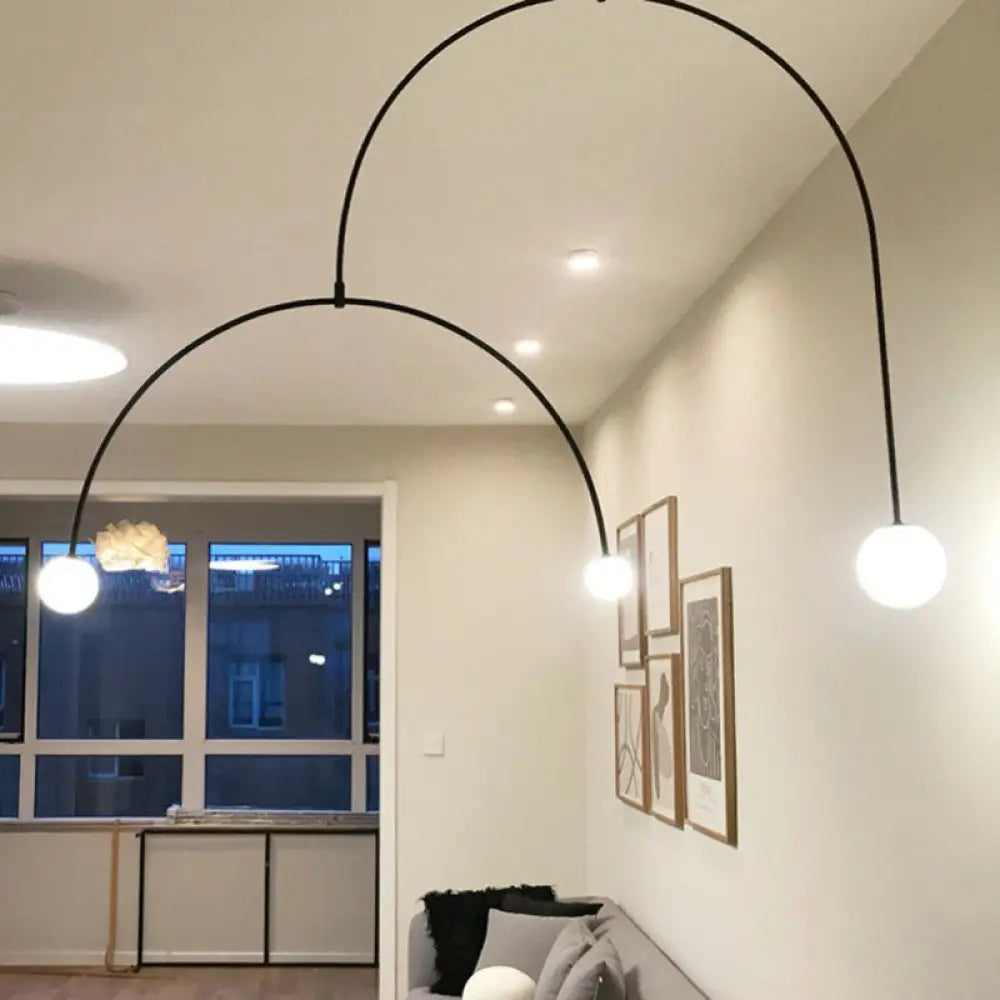 Modern Black Arched Chandelier With 3 Lights And White Glass Ball Shade