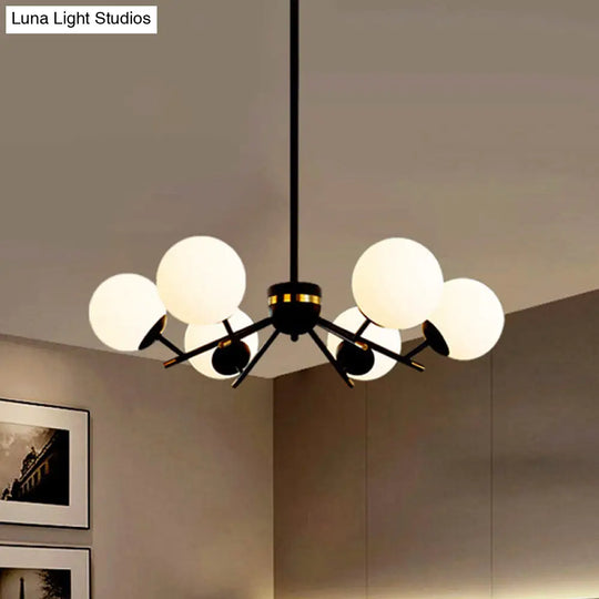 Modern Black Hanging Chandelier With White Frosted Glass - 6 Bulb Pendant Light