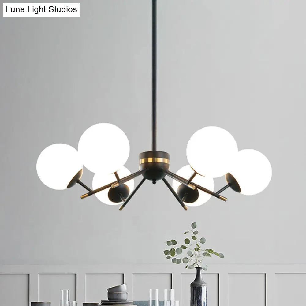 Modern Black Hanging Chandelier With White Frosted Glass - 6 Bulb Pendant Light