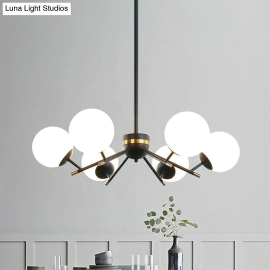 Modern Black Hanging Chandelier With White Frosted Glass - 6 Bulb Pendant Light