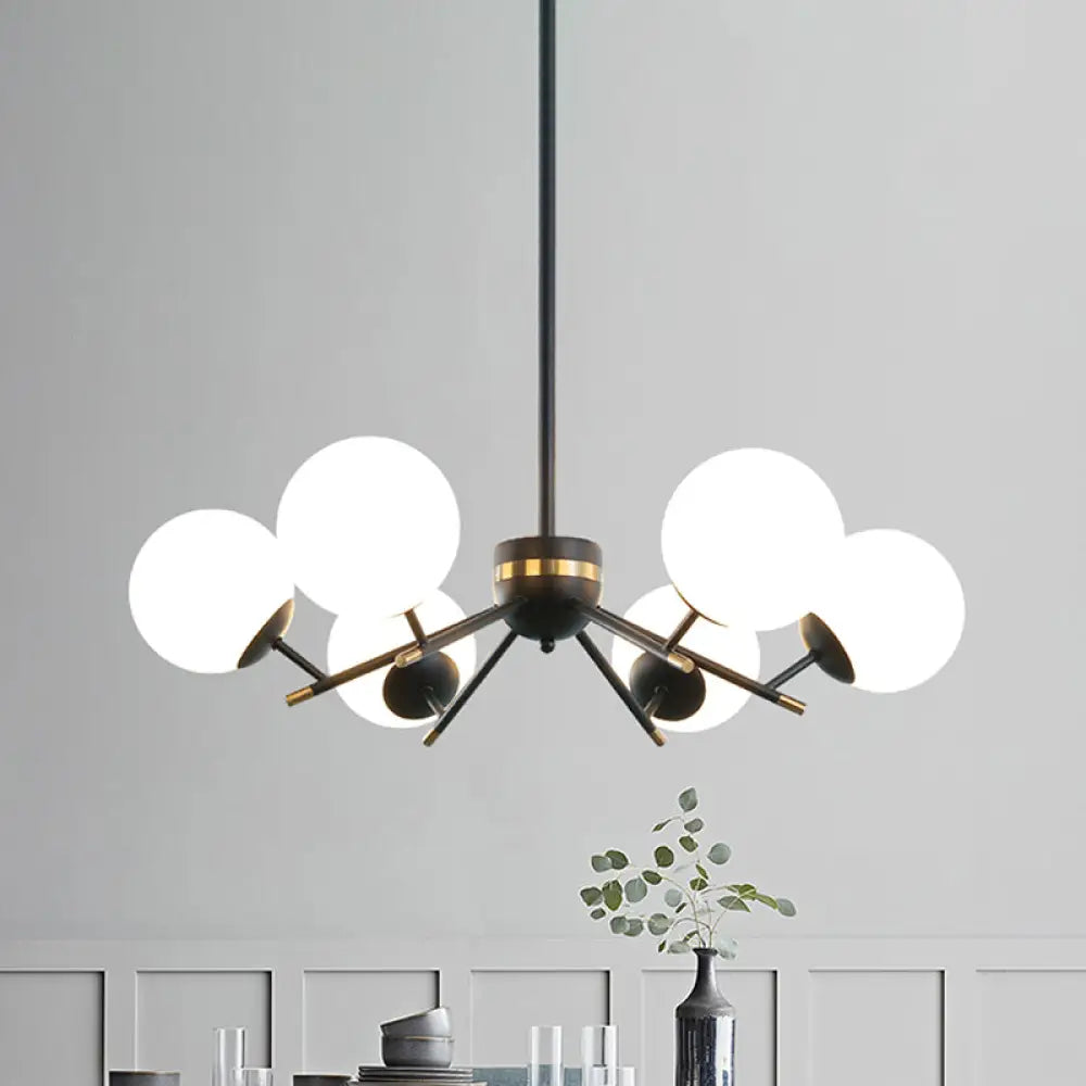 Modern Black Ball Chandelier With 6 Bulbs & White Frosted Glass Pendulum