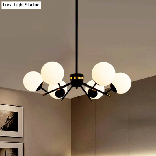 Modern Black Ball Chandelier With 6 Bulbs & White Frosted Glass Pendulum