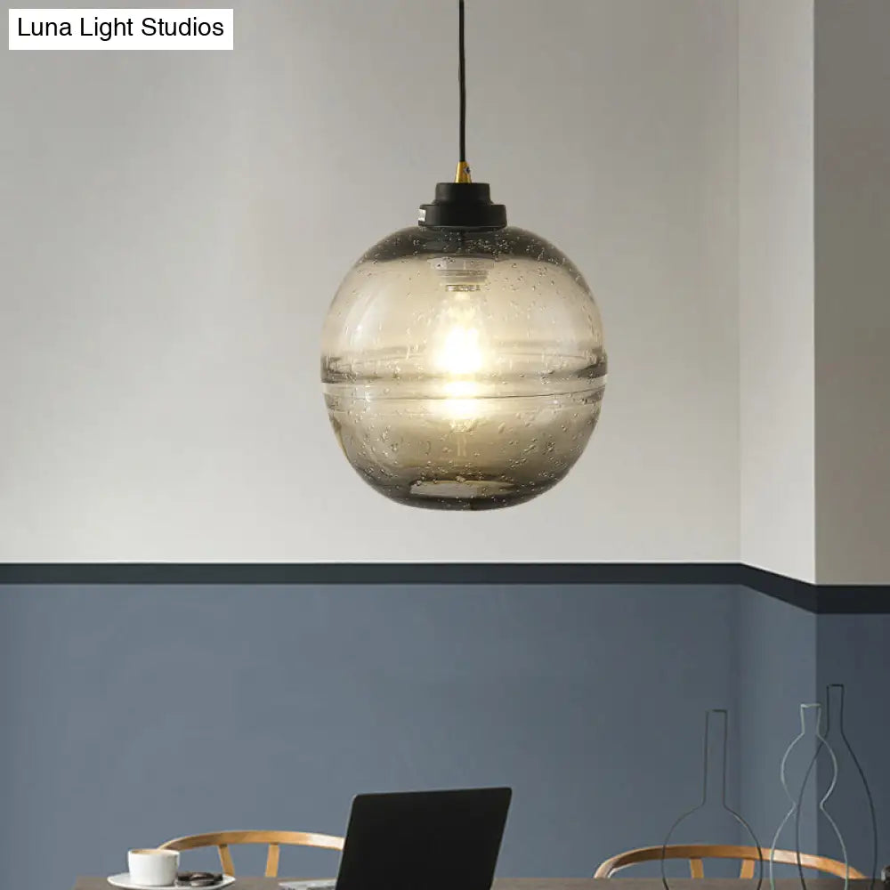 Modern Black Ball Suspension Light With Smoke Gray Bubble Glass Pendant