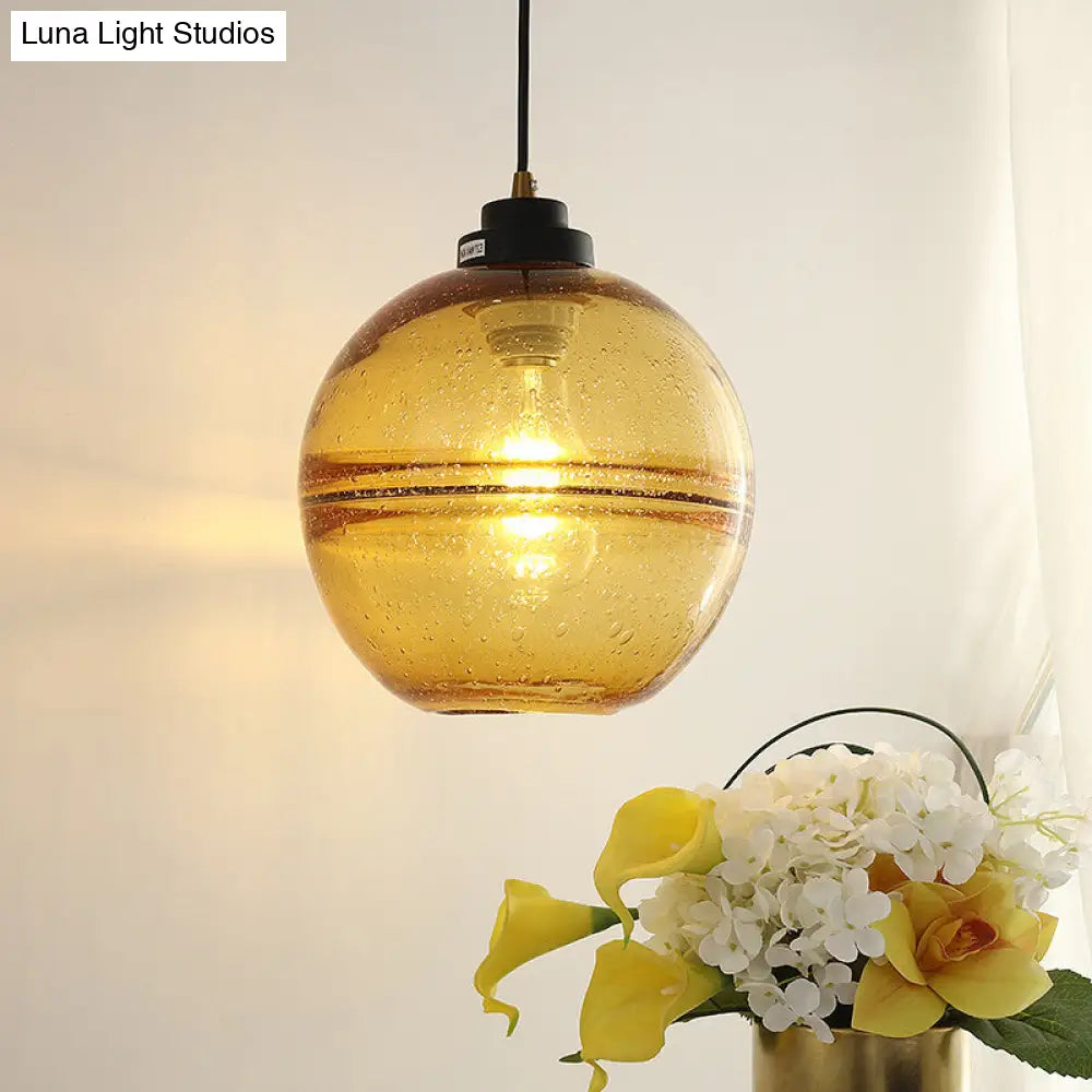 Modern Black Ball Suspension Light With Smoke Gray Bubble Glass Pendant Amber