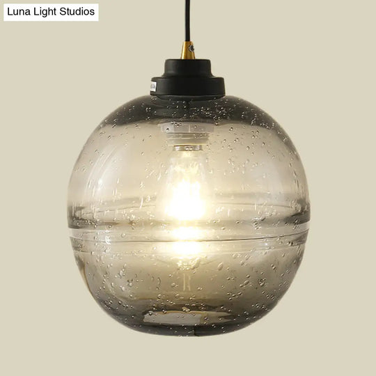 Modern Black Ball Pendant Light With Smoke Gray Bubble Glass - Single Head Suspension