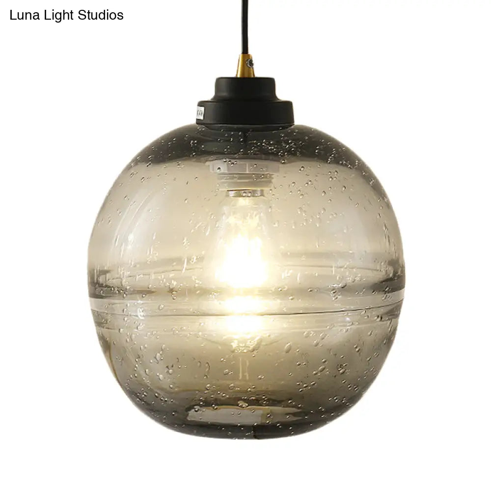 Modern Black Ball Pendant Light With Smoke Gray Bubble Glass - Single Head Suspension