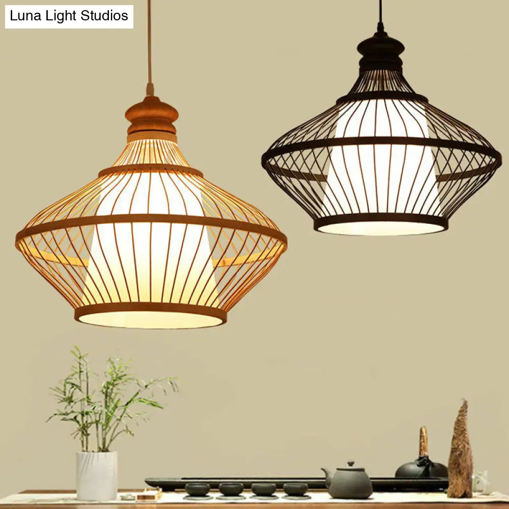 Modern Black Bamboo Pendant Light With Asia-Inspired Pear Shape For Table