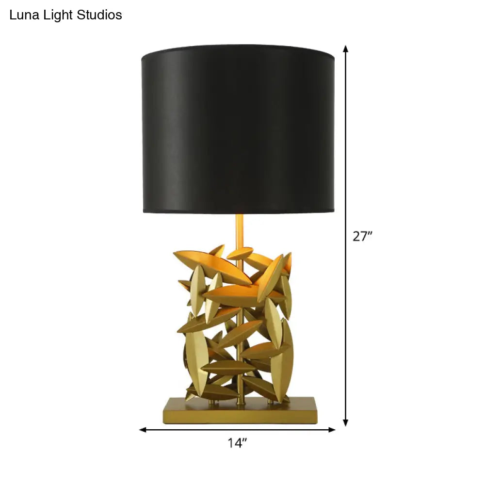 Modern Black Barrel Table Light With Fabric Shade And Gold Metal Base