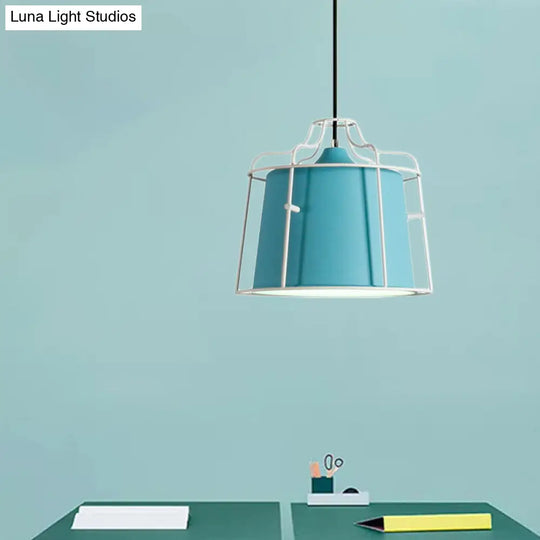 Modern Black/Blue Metal Pendant Light With Hanging Cage Shade - 1-Light Tapered Design For Table