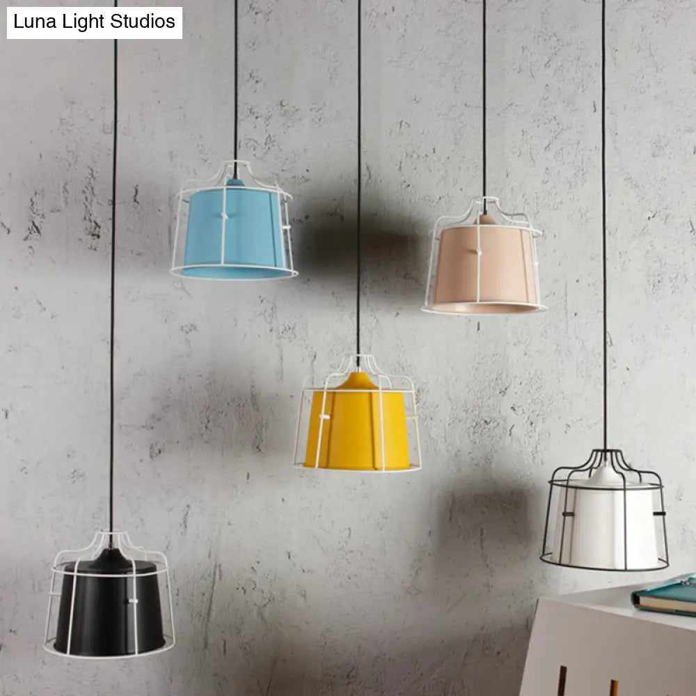 Modern Black/Blue Metal Pendant Light With Hanging Cage Shade - 1-Light Tapered Design For Table