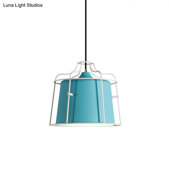 Modern Black/Blue Metal Pendant Light With Cage Shade - 1 Tapered Hanging Ceiling Lighting For Table