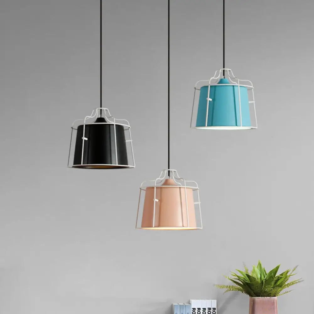 Modern Black/Blue Metal Pendant Light With Cage Shade - 1 Tapered Hanging Ceiling Lighting For