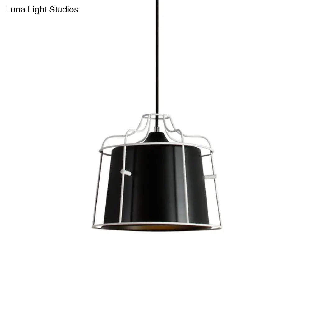 Modern Black/Blue Metal Pendant Light With Cage Shade - 1 Tapered Hanging Ceiling Lighting For Table