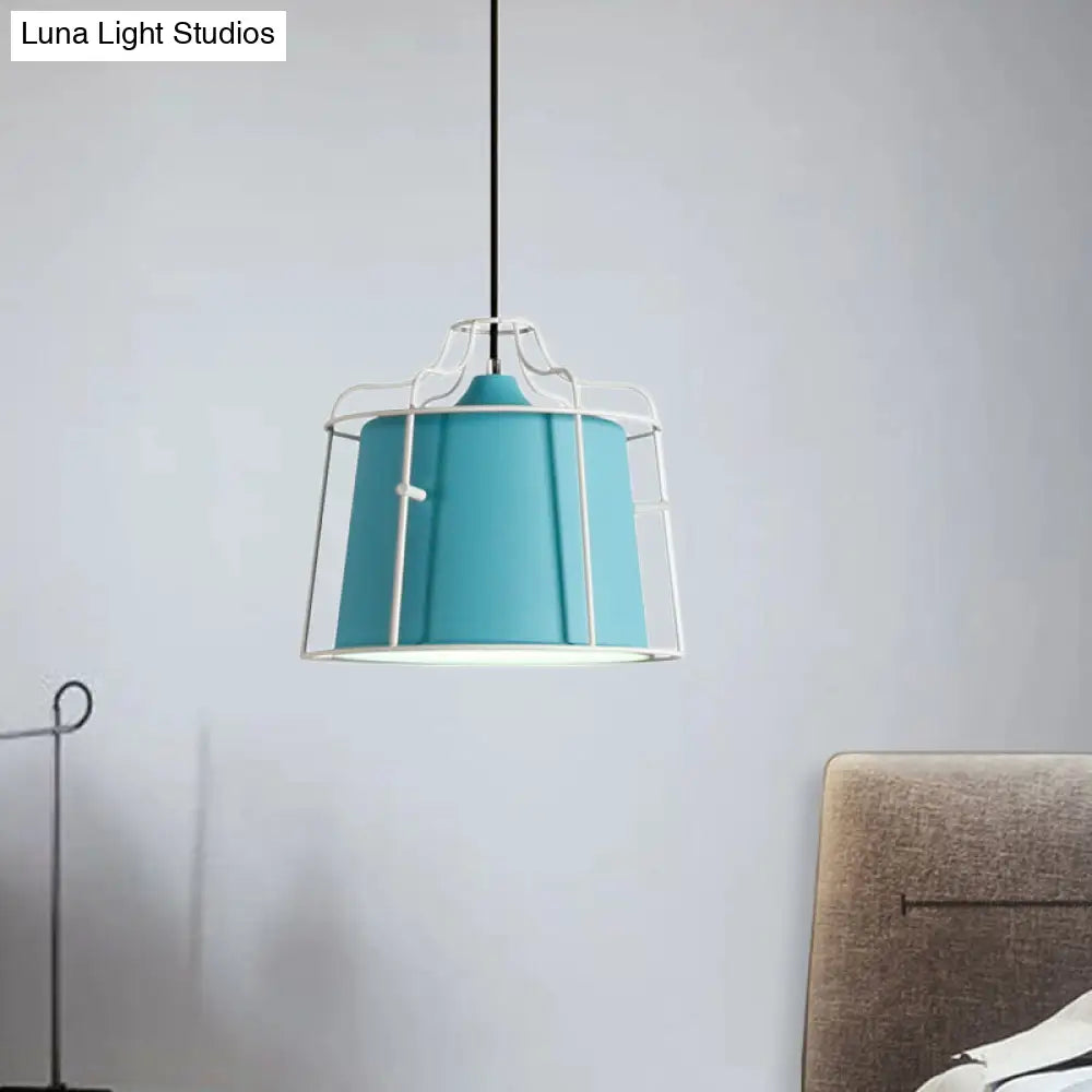 Modern Black/Blue Metal Pendant Light With Hanging Cage Shade - 1-Light Tapered Design For Table