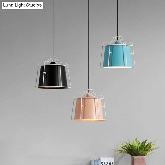 Modern Black/Blue Metal Pendant Light With Hanging Cage Shade - 1-Light Tapered Design For Table