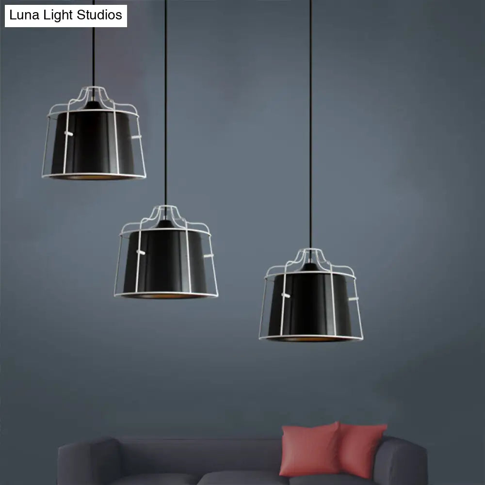 Modern Black/Blue Metal Pendant Light With Hanging Cage Shade - 1-Light Tapered Design For Table